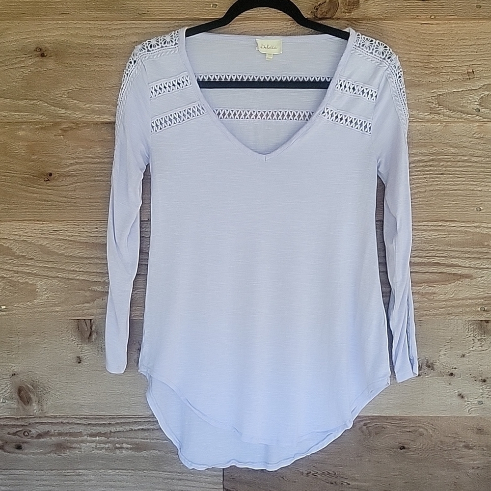 Anthropologie Deletta Lavender Long Sleeve Top with Crochet Insets Size XSP